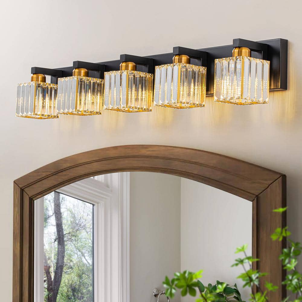 EDISLIVE Orillia 35.4 in. 5-Light Black and Gold Bathroom Vanity Light with Crystal Shades