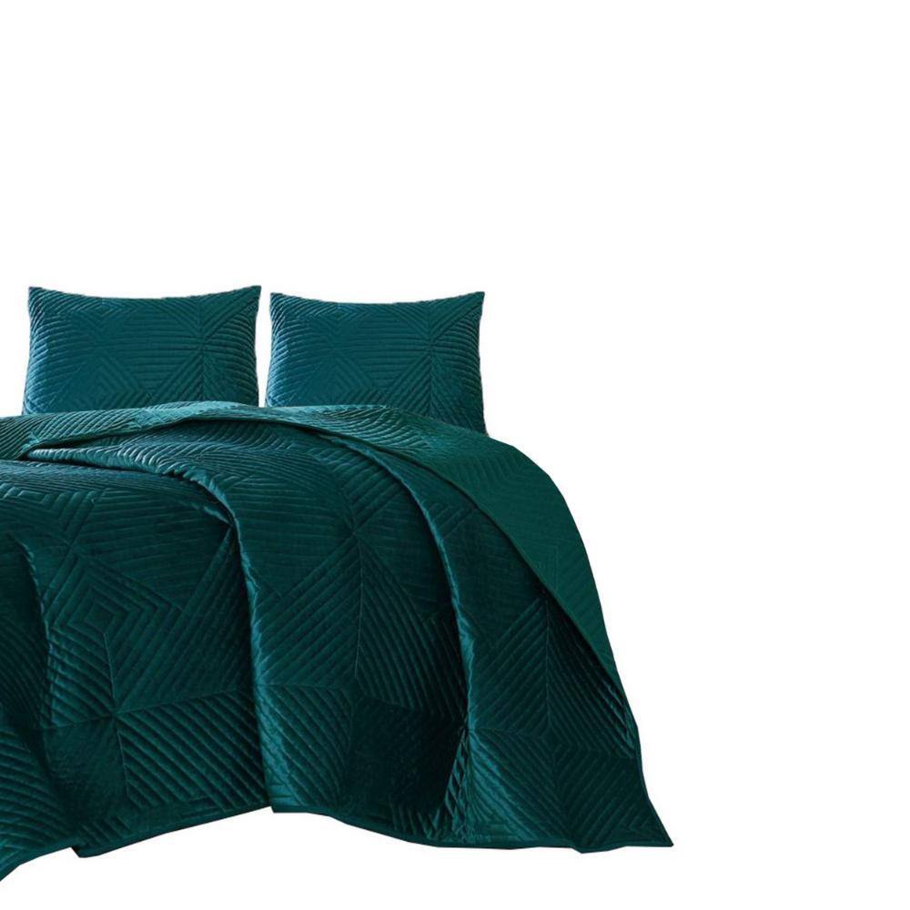 Green Geometric King Quilt Set with Velvet Face