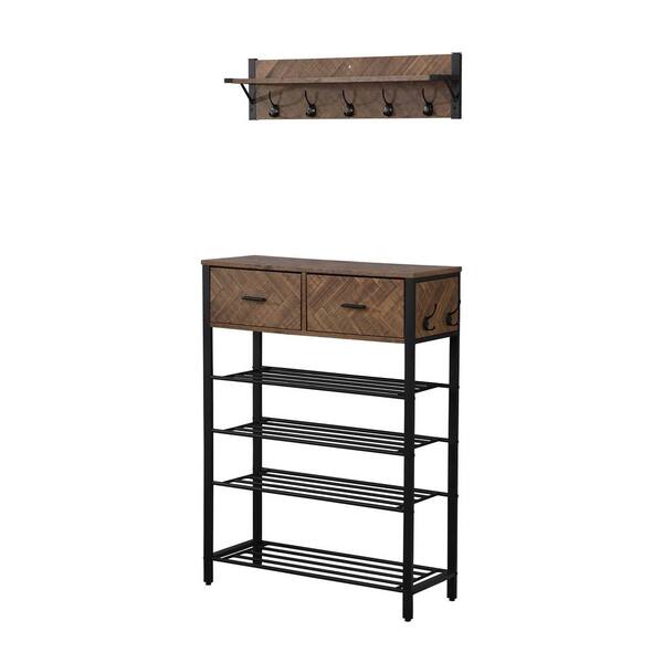 Unbranded Brown 4-Tier Industrial Shoe Shelf with Drawers and Coat Rack