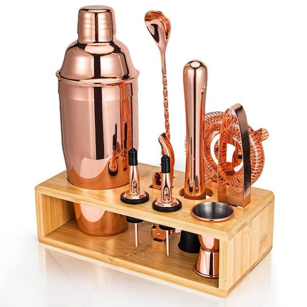 10-Piece Rose Gold Cocktail Shaker Set with Stylish Bamboo Stand, Stainless Steel Mixology Bartender Kit, Gift for Men