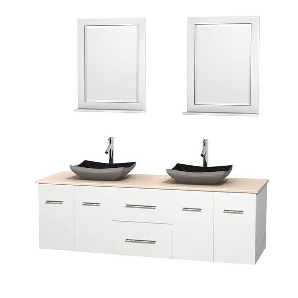 Wyndham Collection Centra 72 in. Double Vanity in White with Marble Vanity Top in Ivory, Black Granite Sinks and 24 in. Mirrors