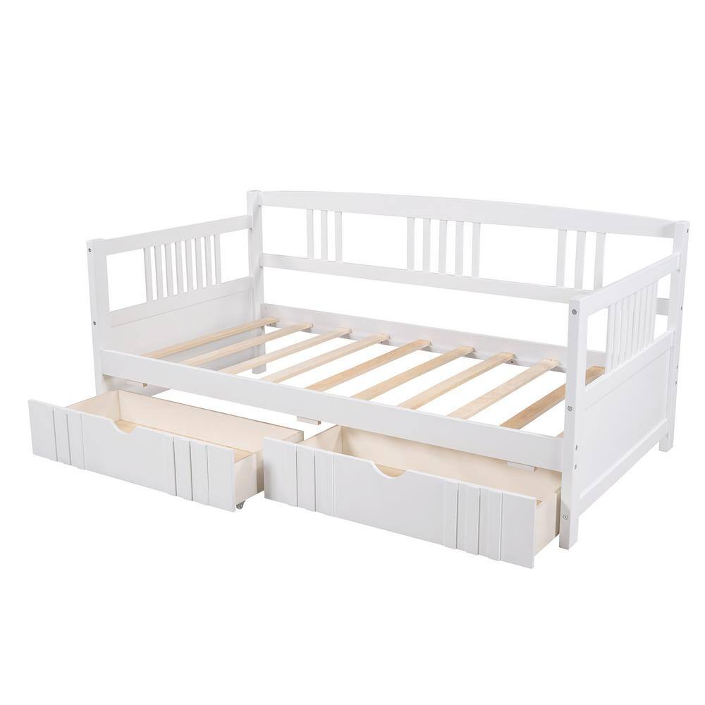 White Twin Size Pine Wood Daybed with 2 Drawers