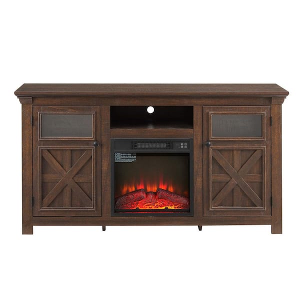 60 in. Freestanding Electric Fireplace TV Stand with 2-Doors Cabinet and 18 in. Fireplace Inser in Brown