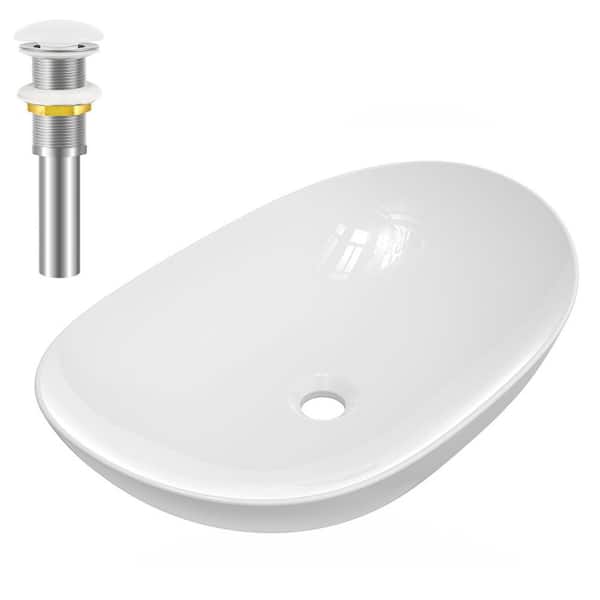 yulika Oval Sink 15 in . Bathroom Sink Ceramic Vessel Sink with Pop-Up Drain in White
