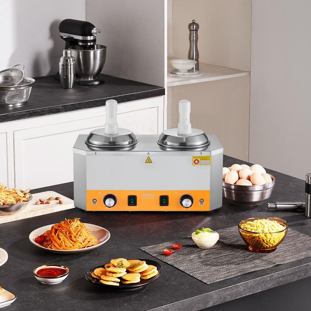 Electric Cheese Dispenser with Pumps, Commercial Hot Fudge Warmer, 4.2 qt. Silver Stainless Steel Chafing Dish Heat