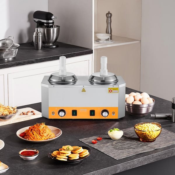 Electric Cheese Dispenser with Pumps, Commercial Hot Fudge Warmer, 4.2 qt. Silver Stainless Steel Chafing Dish Heat