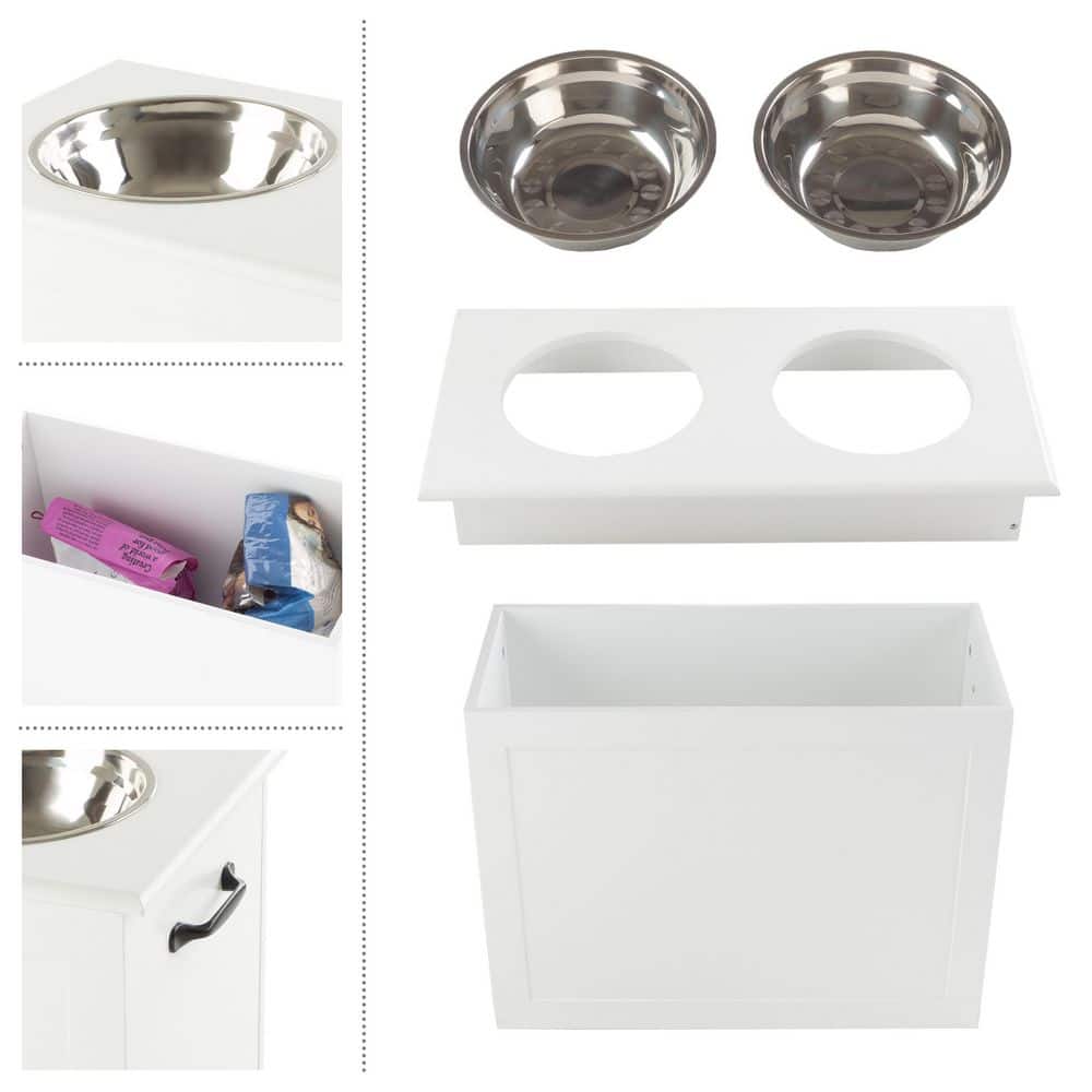 White Elevated Dog Bowls with Hidden Storage and Stainless Steel