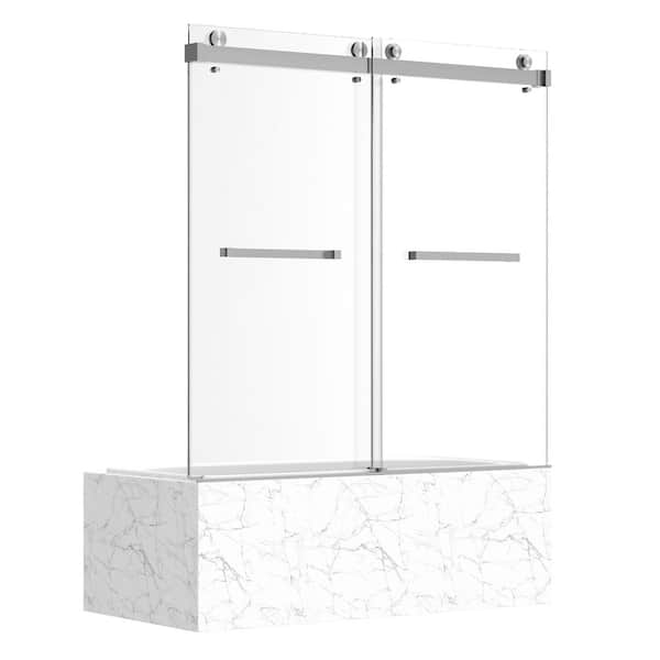Catalyst 60 in. W x 66 in. H Double Sliding Frameless Tub Door in Brushed Nickel with 3/8 in. Etched Glass