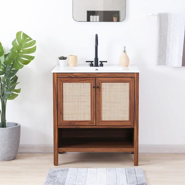 Jasper 30 in. W x 18 in. D x 33 in. H Rattan Modern Coastal 2-Shelf Bath Vanity Cabinet without Top in Walnut