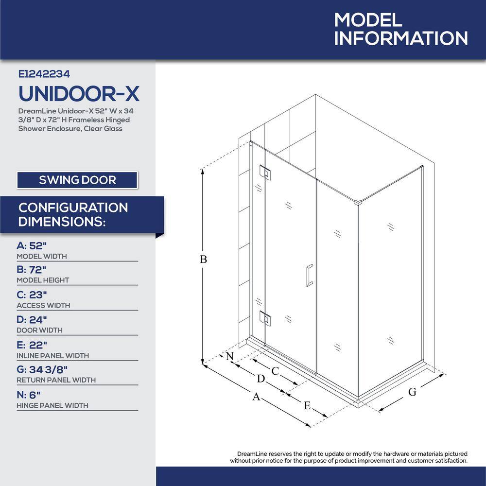 Unidoor-X 52" Matte Black Frameless Hinged Shower Enclosure with Clear Glass