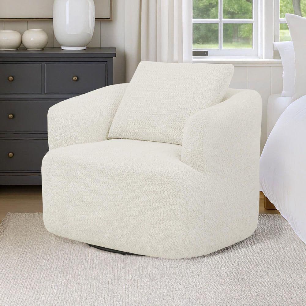 Beige Chenille Fabric Upholstered 360° Swivel Accent Chair Metal Base U-Shaped Swivel Barrel Arm Chair with Wood Frame