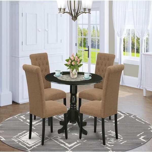 East West Furniture 5-Piece Round Black Finish Solid Wood Top Dining Table with 4 Parson Chair with Drop Leaf Lattice Back