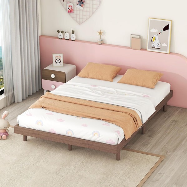 Qualler Walnut Brown Wood Frame Full Size Platform Bed with Slats