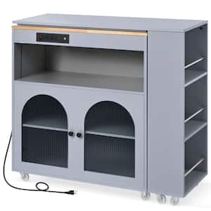 Grey Blue Rubberwood 41.1 in. Rolling Kitchen Island with Extended Table, LED Lights, Power Outlets and 2 Glass Doors