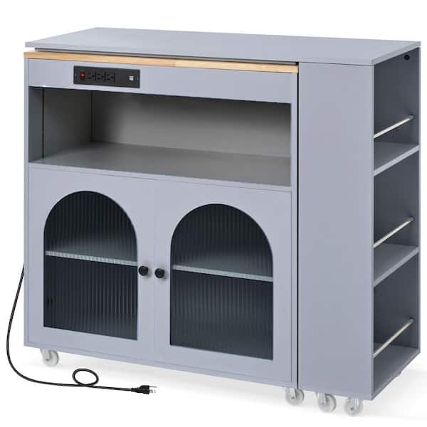 Tileon Grey Blue Rubberwood 41.1 in. Rolling Kitchen Island with Extended Table, LED Lights, Power Outlets and 2 Glass Doors