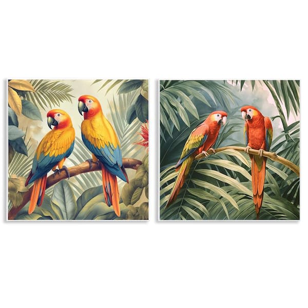 Stupell Industries Resting Parrots Among Jungle by Steve Hunziker 2 Pieces Unframed Animal Graphic Art Print 12 in. x 12 in.