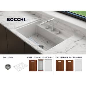 Baveno Uno White Fireclay 27 in. Single Bowl Undermount/Drop-In 3-hole Kitchen Sink w/Integrated WS and Acc.