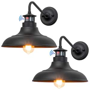 1-Light Matte Black Motion Sensing Dusk to Dawn Gooseneck Outdoor Wall Lantern Sconce (2-Pack)