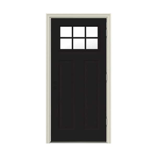 JELD-WEN 30 in. x 80 in. 6 Lite Craftsman Black Painted Steel Prehung Left-Hand Outswing Front Door w/Brickmould