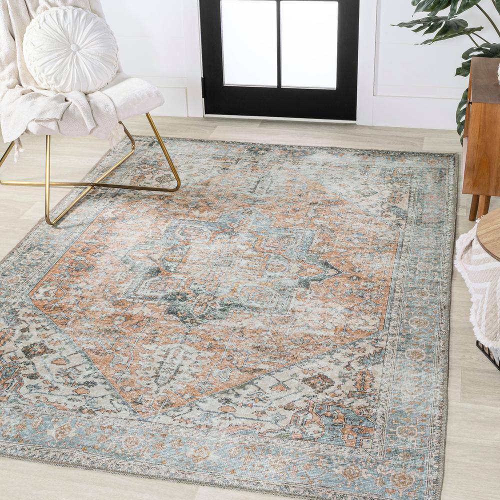 Armae Distressed Blue and Orange Chenille Washable Area Rug