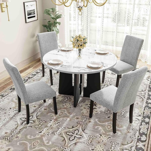 5-Piece Round White/gray Wood Top Dining Table Set Seats 4 with 4 Upholstered Chairs