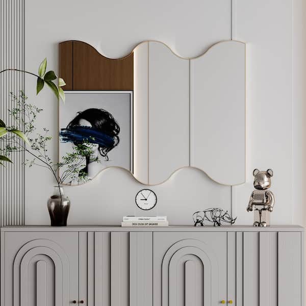 Unbranded 30 in. W x 35 in. H Rectangular Gold Wavy Sides Framed Wall Bathroom Vanity Mirror for Living Room, Vanity, Bedroom