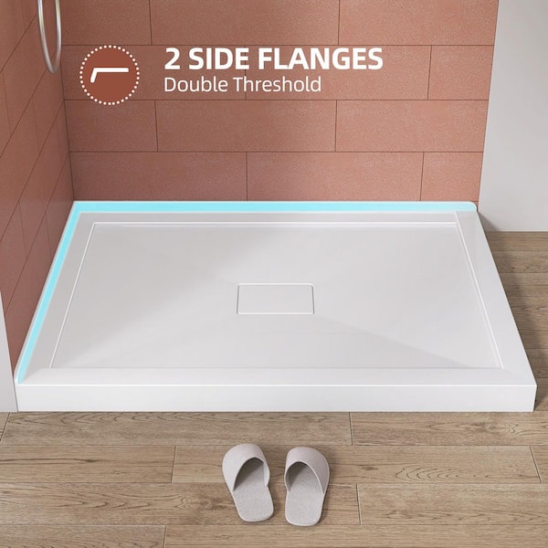 Moca 48 in. L x 36 in. W Corner Double Threshold Acrylic Shower Pan Base with Center Drain Cover Shower Tray in White