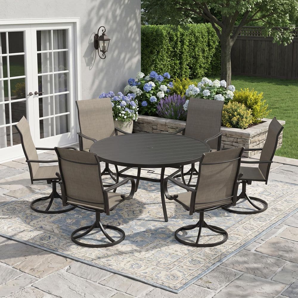 7-Piece Metal Outdoor Dining Set with 53 in. Black Round Slatted Table and 6 Brown 360° Swivel Textilene Dining Chairs price history on PriceWatchPro