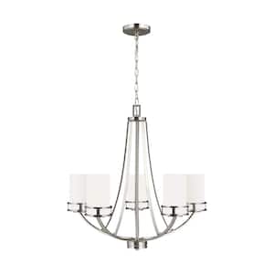 Robie 5-Light Brushed Nickel Craftsman Transitional Hanging Empire Chandelier with Etched White Glass Shades
