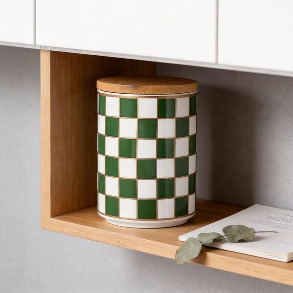 Green Ceramic Checkered Food Storage Canister with Airtight Wooden Lid, Small Decorative Kitchen Jar