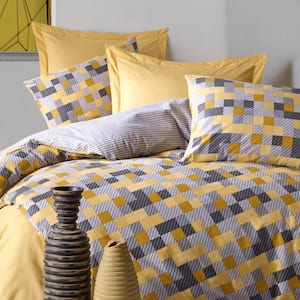 Yellow Geometry Duvet Cover Set, Full Size Duvet Cover, 1 Duvet Cover, 1 Fitted Sheet and 2 Pillowcases, Iron Safe