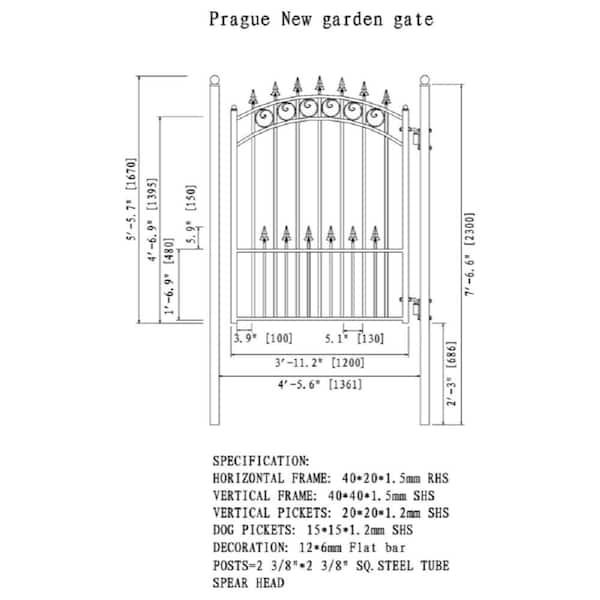 Prague Style 4 ft. x 5 ft. Black Steel Pedestrian Fence Gate