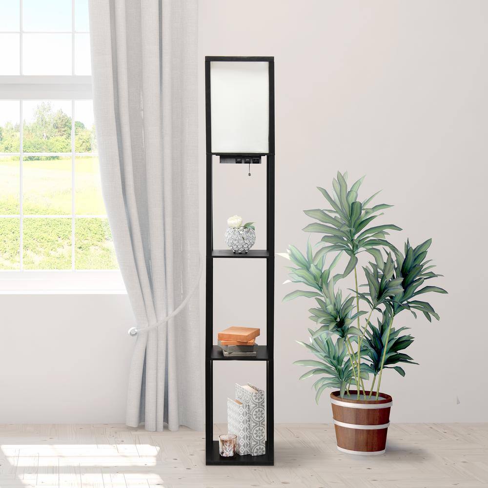 Black 62.5" Floor Lamp with Shelves and USB Ports