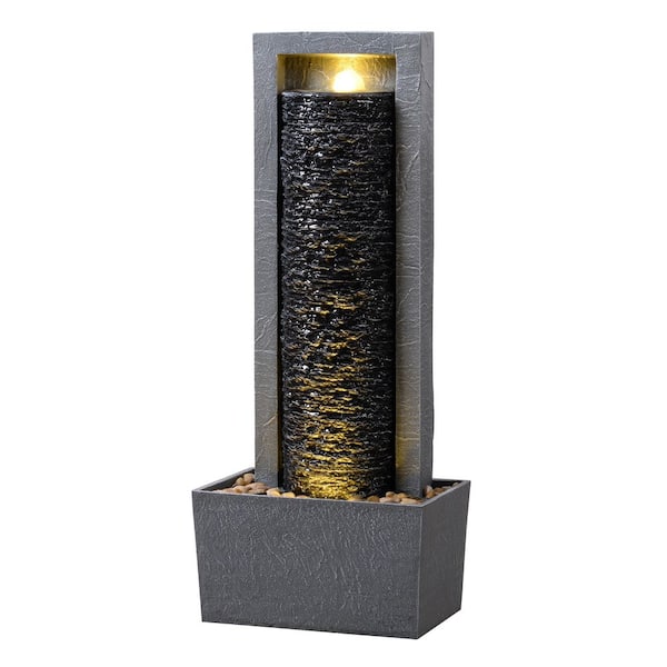 Teamson Home 32.3 in. Electric Dark Gray Polyresin Tiered Fountain with Warm Glow Lighting and Rock Design