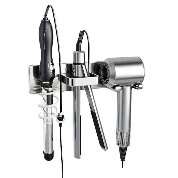Wall Mount Bathroom Hair Tool Organizer with Curling Iron Holder, Blow Dryer Holder and Flat Iron Holder, Silver