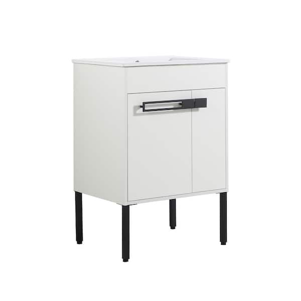 FORCLOVER 24 in. W x 18-5/16 in. D x 35-1/16 in. H Bath Vanity in White Straight Grain with White Ceramics Top