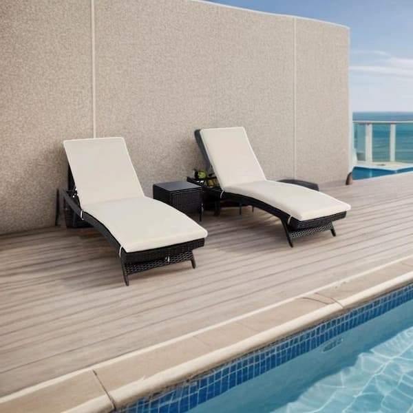 Polo Brown 3-Piece Wicker Outdoor Chaise Lounge Set with Beige Cushions