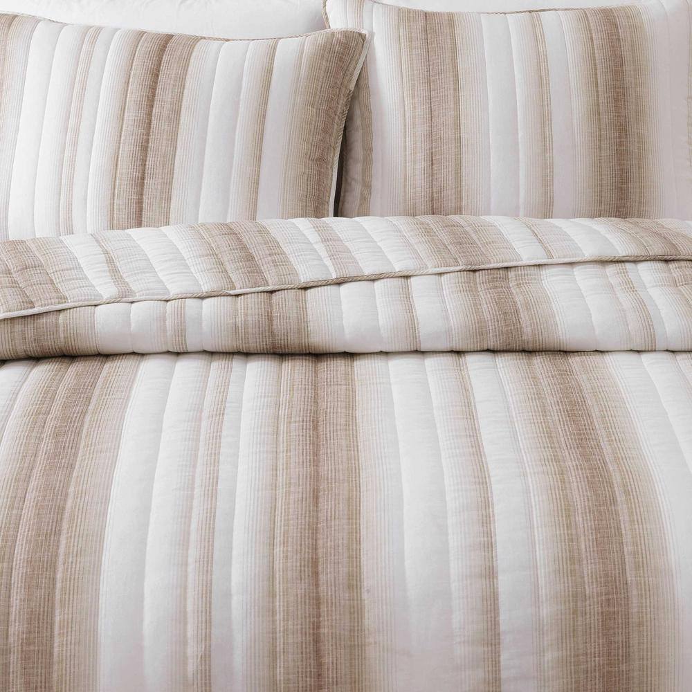Beige Striped Full Cotton Reversible Quilt Set