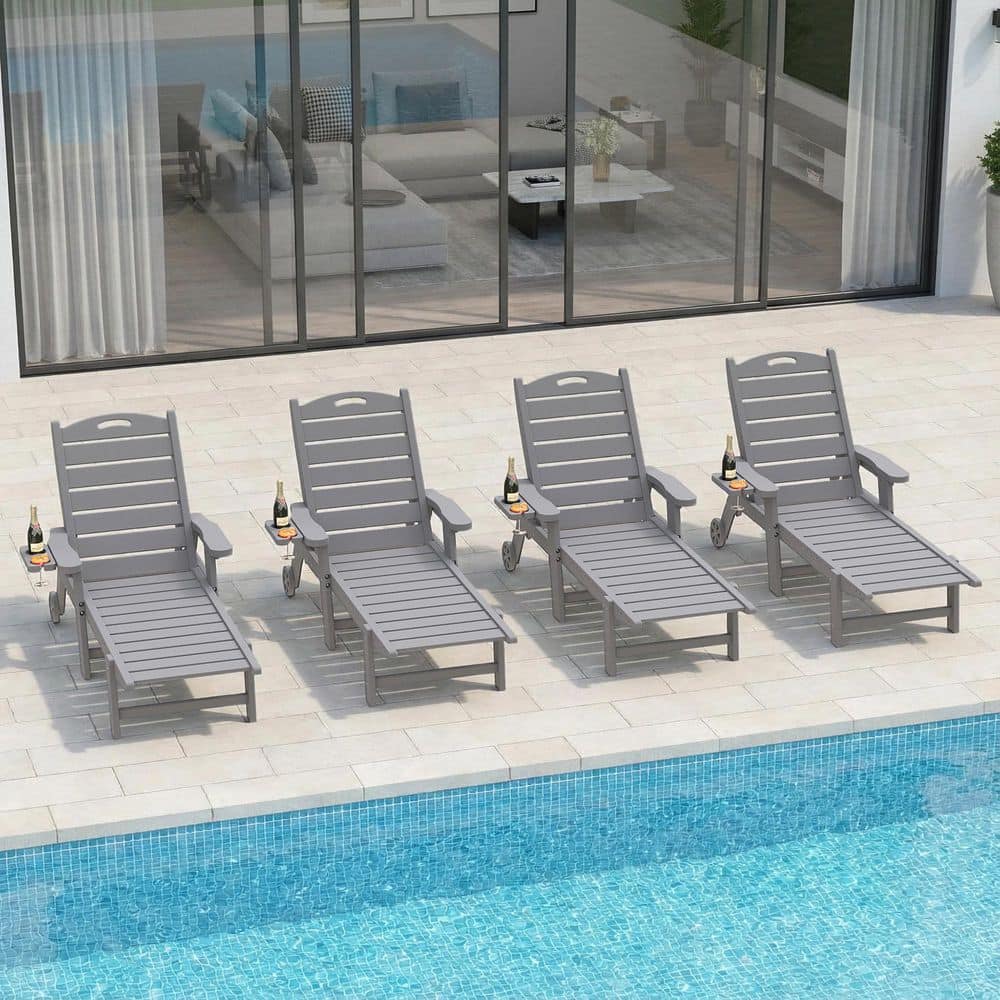 Gray HDPE 5-Position Adjustable Outdoor Patio Chaise Lounge Recliner with Cup Holder for Pool Beach Deck Yard(Set of 4) price history on PriceWatchPro