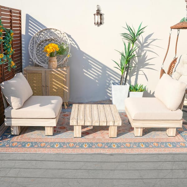 Choi 3-Piece Aluminum Outdoor Patio Wood Grain Conversation Set with White Cushions