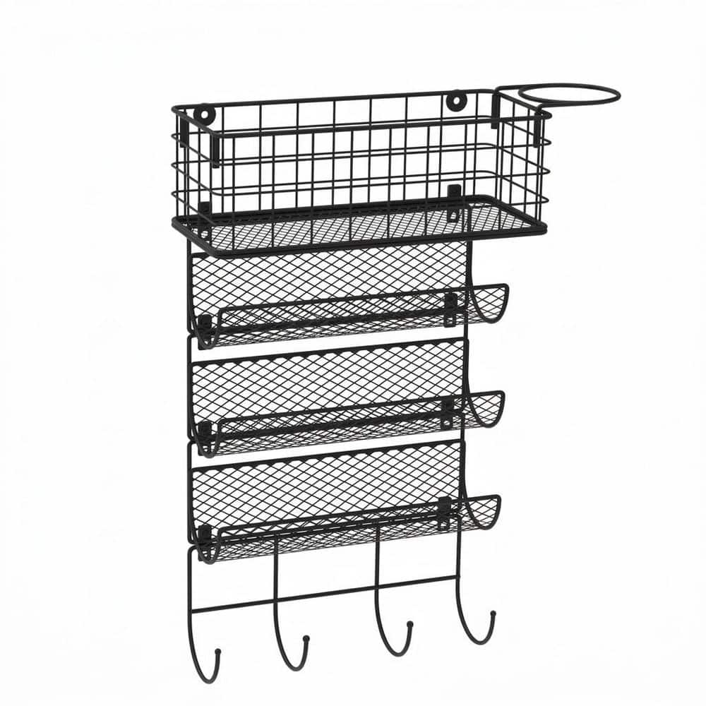 Wall Mounted Hair Tool 4-Shelf Organizer with Basket and Hooks for Bathroom Cabinet Door Storage in Black Finish price history on PriceWatchPro