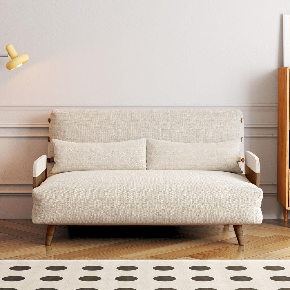 JASIWAY 59.06 in. Beige Wood Frame Faux Leather Sofa Bed J-P2209Y
