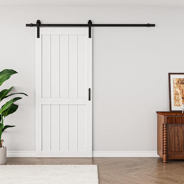 72 in. x 96 in. White Paneled H Style White Primed MDF Sliding Barn Door with Hardware Kit With Soft Close
