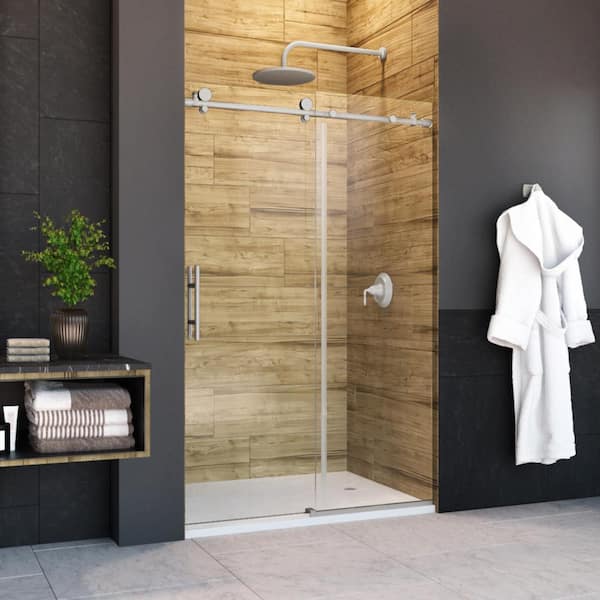 Holcam Eclipse 48 in. W x 74 in. H Frameless Sliding Shower Door in Brushed Nickel with Easy Clean 10 Clear Glass Protection