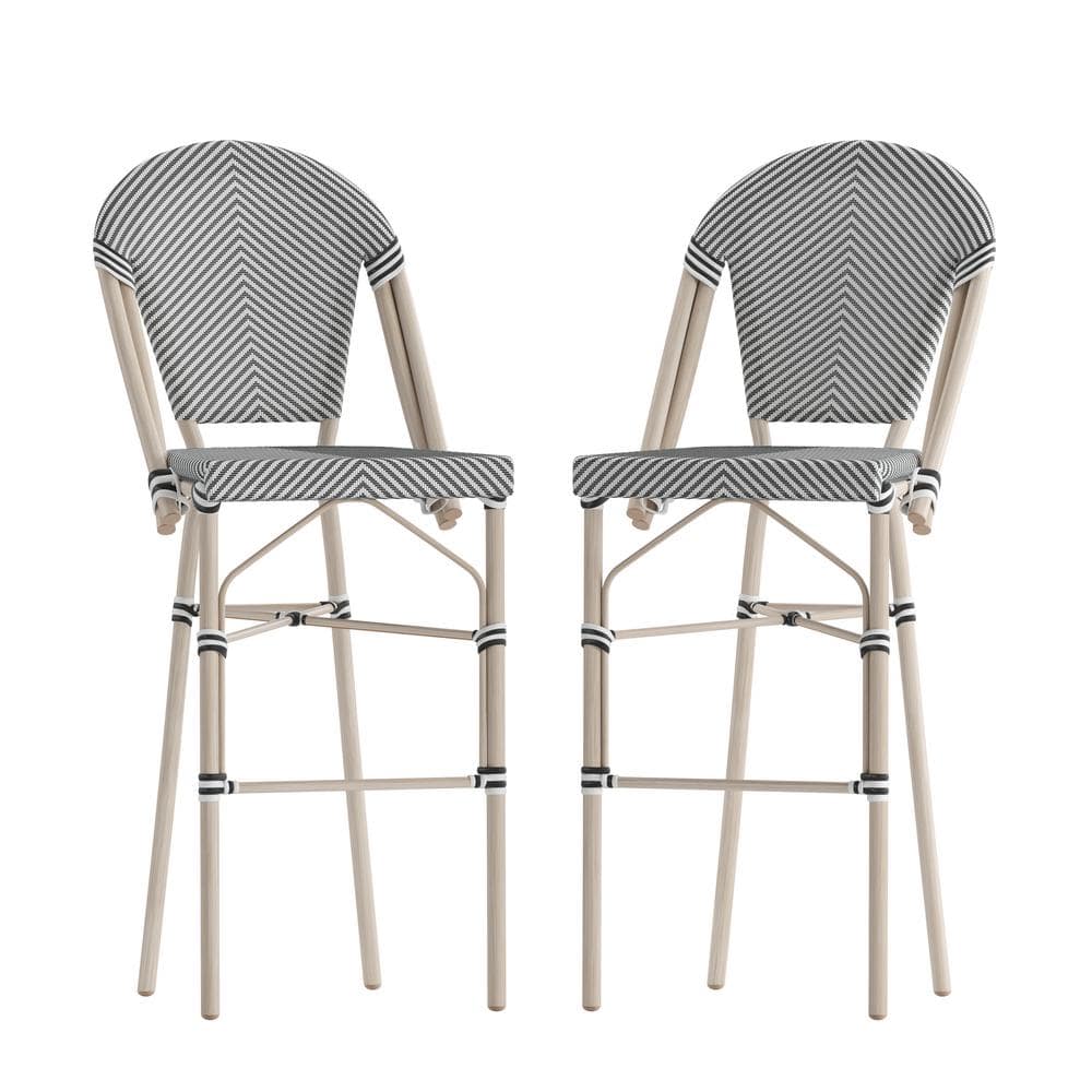 46 in. Black/White/Natural Mid-Back Metal Bar Stool with Fabric Seat (Set of 2)