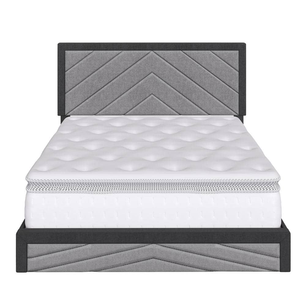 Gray Linen Upholstered Queen Platform Bed with Tufted Headboard