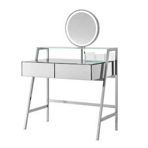 2-Drawers Silver Makeup Vanity Table Wooden Dressing Desk with Mirror, Open Shelf, Charging Station