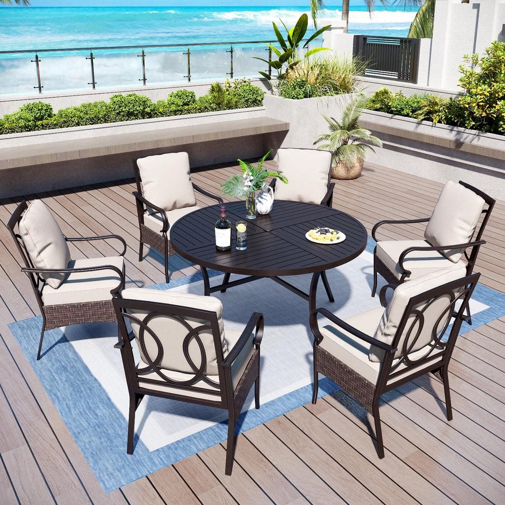 7-Piece Black Metal Outdoor Dining Set with Beige Cushions, Round Table and 6 Stationary chairs price history on PriceWatchPro