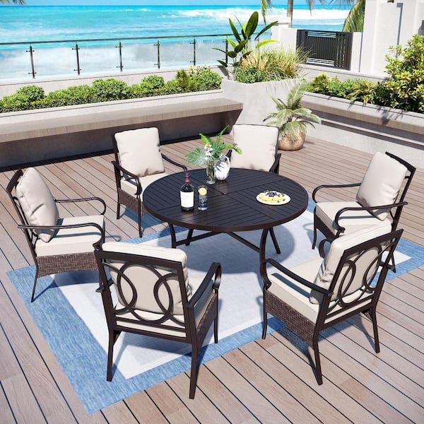 PHI VILLA 7-Piece Black Metal Outdoor Dining Set with Beige Cushions, Round Table and 6 Stationary chairs