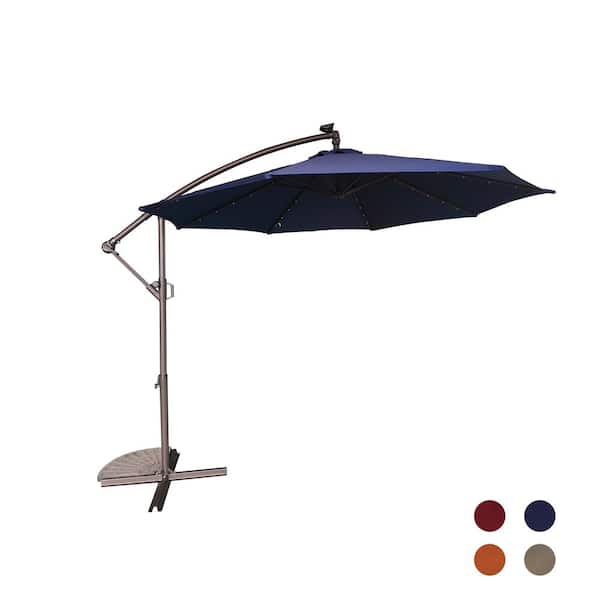Mondawe 10 ft. Steel Pole Solar LED Patio Cantilever Umbrella 2-Way Stop Slip Crank Design Outdoor Umbrella in Navy Blue